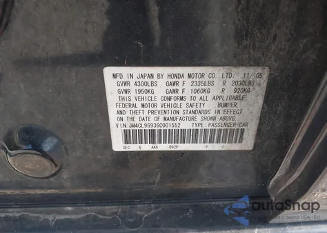 2006 Acura Tsx z USA, uszkodzony, nr VIN JH4CL96936C001552